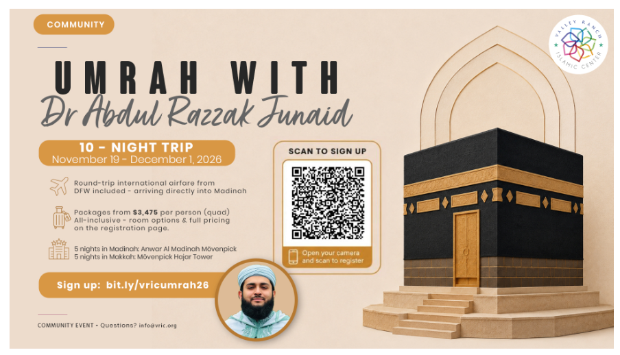 Event flyer for Umrah with Dr Abdul Razzaq Junaid
