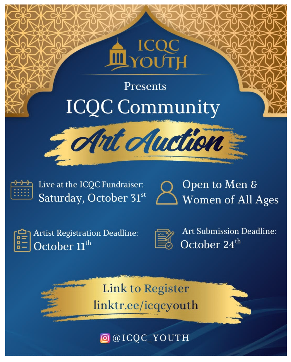 Event flyer for ICQC Community Art Auction