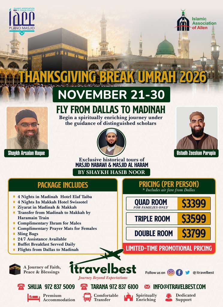 Event flyer for Thanksgiving Break Umrah 2026
