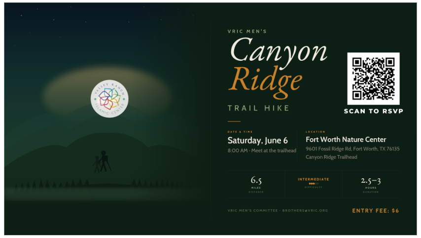 Event flyer for VRIC Men's Canyon Ridge Trail Hike